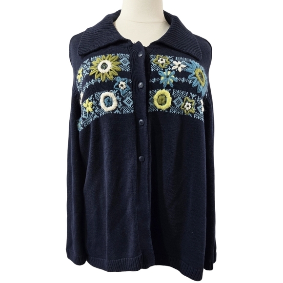 CJ Banks 100% Cotton Navy Blue Floral Embroidered Cardigan Grandmacore - Picture 1 of 8
